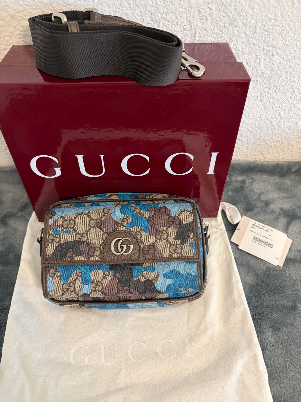 Brand New Gucci GG Supreme Monogram Camouflage Mini Crossbody Bag Blue/Light